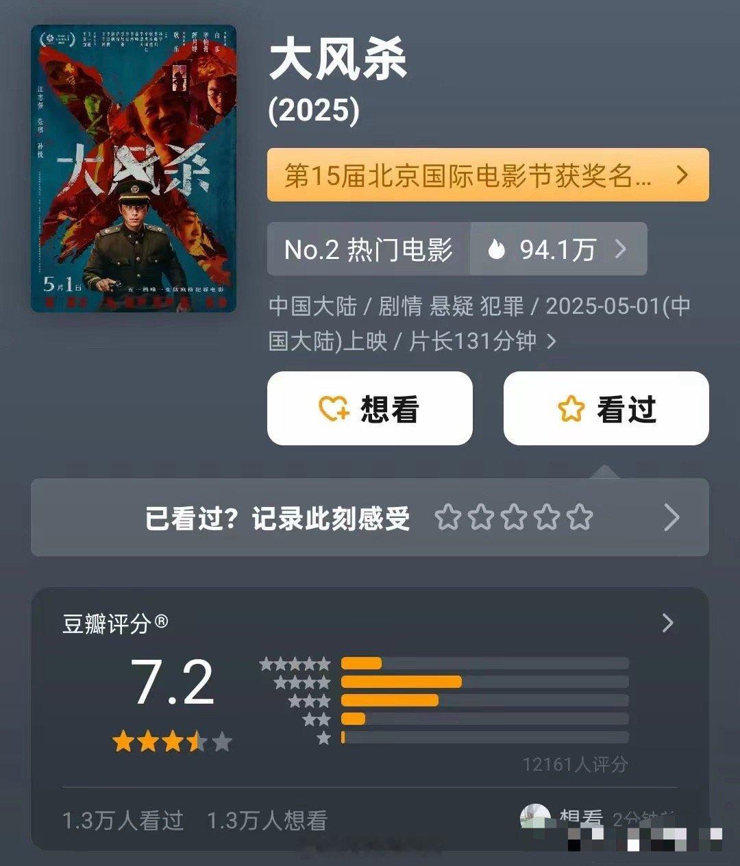 五一档所有电影口碑都出炉了，从高到低分别是​《大风杀》7.2分《水饺皇后》7分《