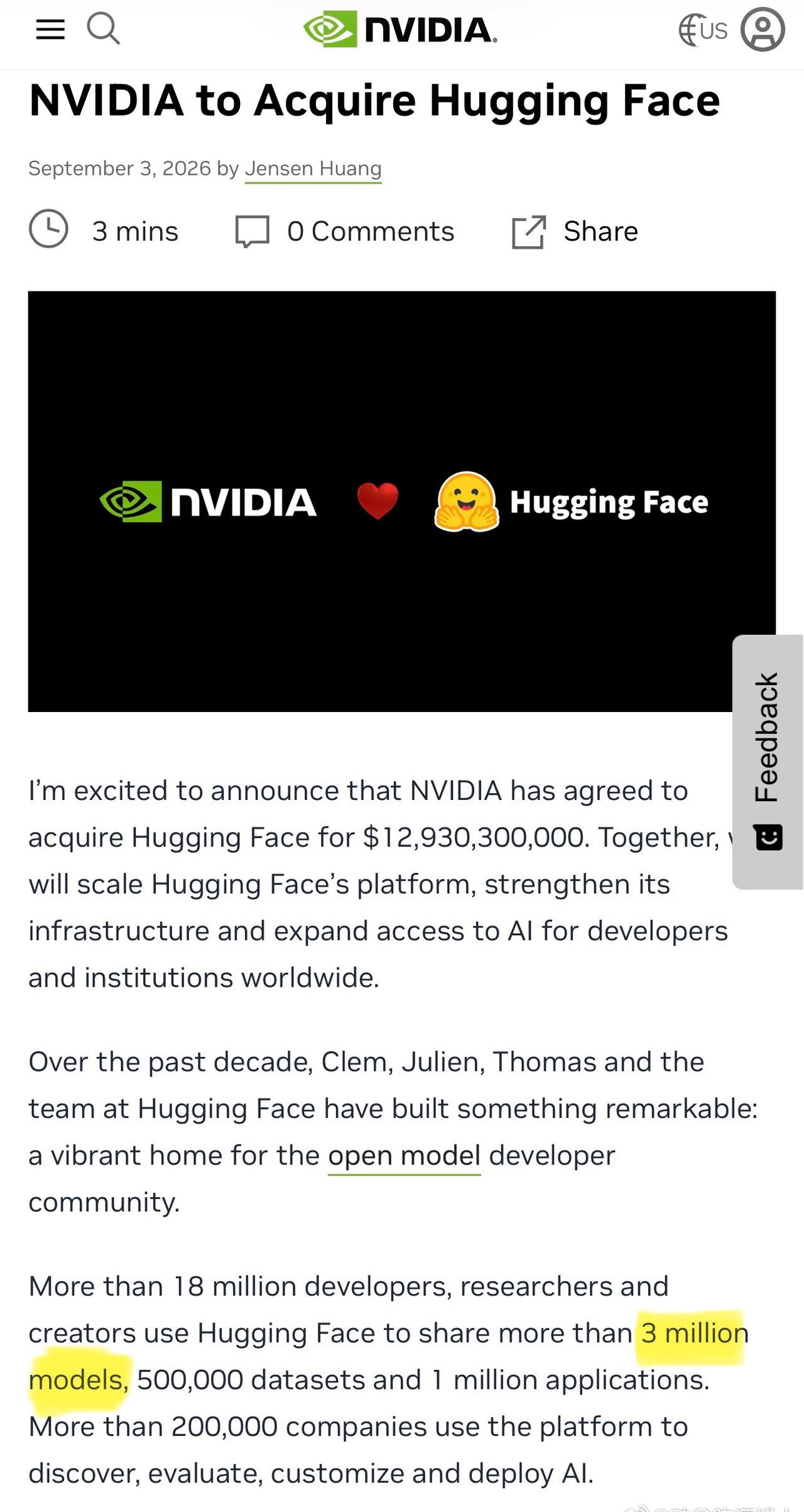 英伟达官宣，将以130亿美元收购开源AI模型平台Hugging Face （ F