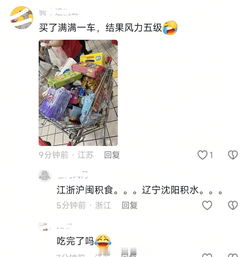 江苏网友为了应对台风巴威，屯了满满一车零食，结果没想到，巴威声东击北，跑北边去了