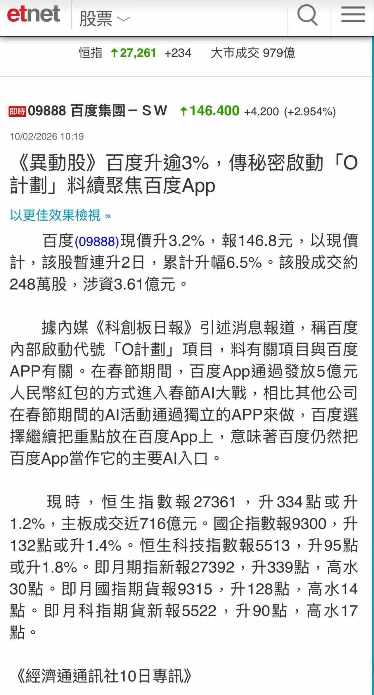 【资本提前押注百度“O计划”：6.5%涨幅背后，一场技术重塑正在酝酿】

百度股