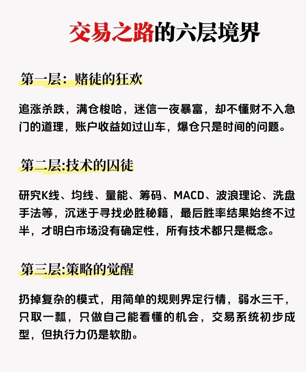 交易之路的六层境界

第一层：赌徒的狂欢

追涨杀跌，满仓梭哈，迷信一夜暴富，却