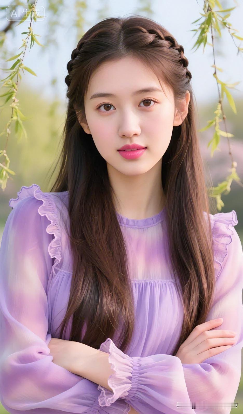 紫纱轻透，编发柔美。柳枝垂落间抱臂而立，清浅笑意里，尽显春日温婉与浪漫风情。