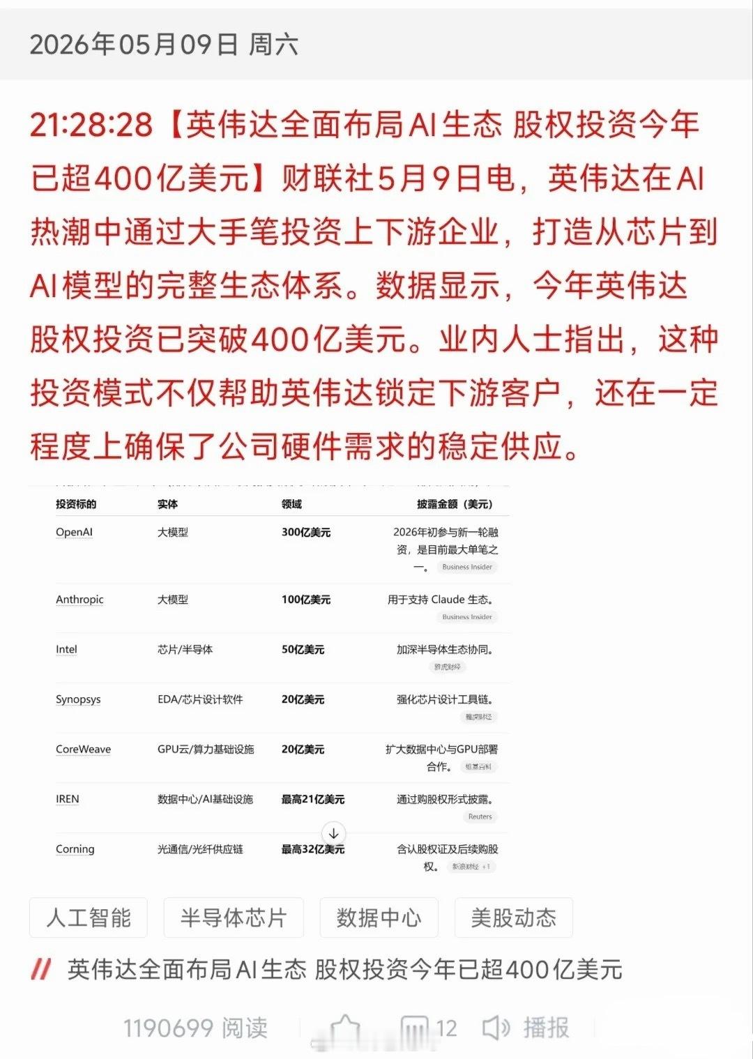 英伟达豪掷400亿构筑全球AI生态！A股18大核心受益标的全梳理2026年5月9