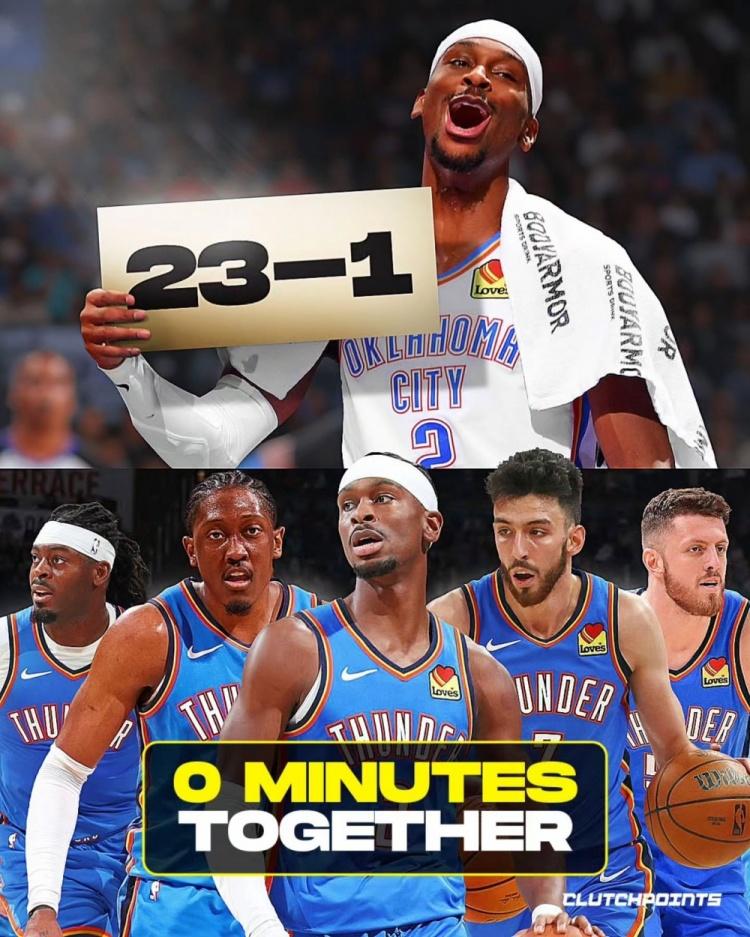 雷霆为什么这么强？开赛至今23胜1负高居全联盟第一。
雷霆常规首发五人：亚历山大