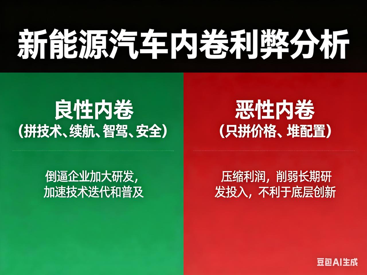 • 良性内卷（拼技术、续航、智驾、安全）：倒逼企业加大研发，加速技术迭代和普及。