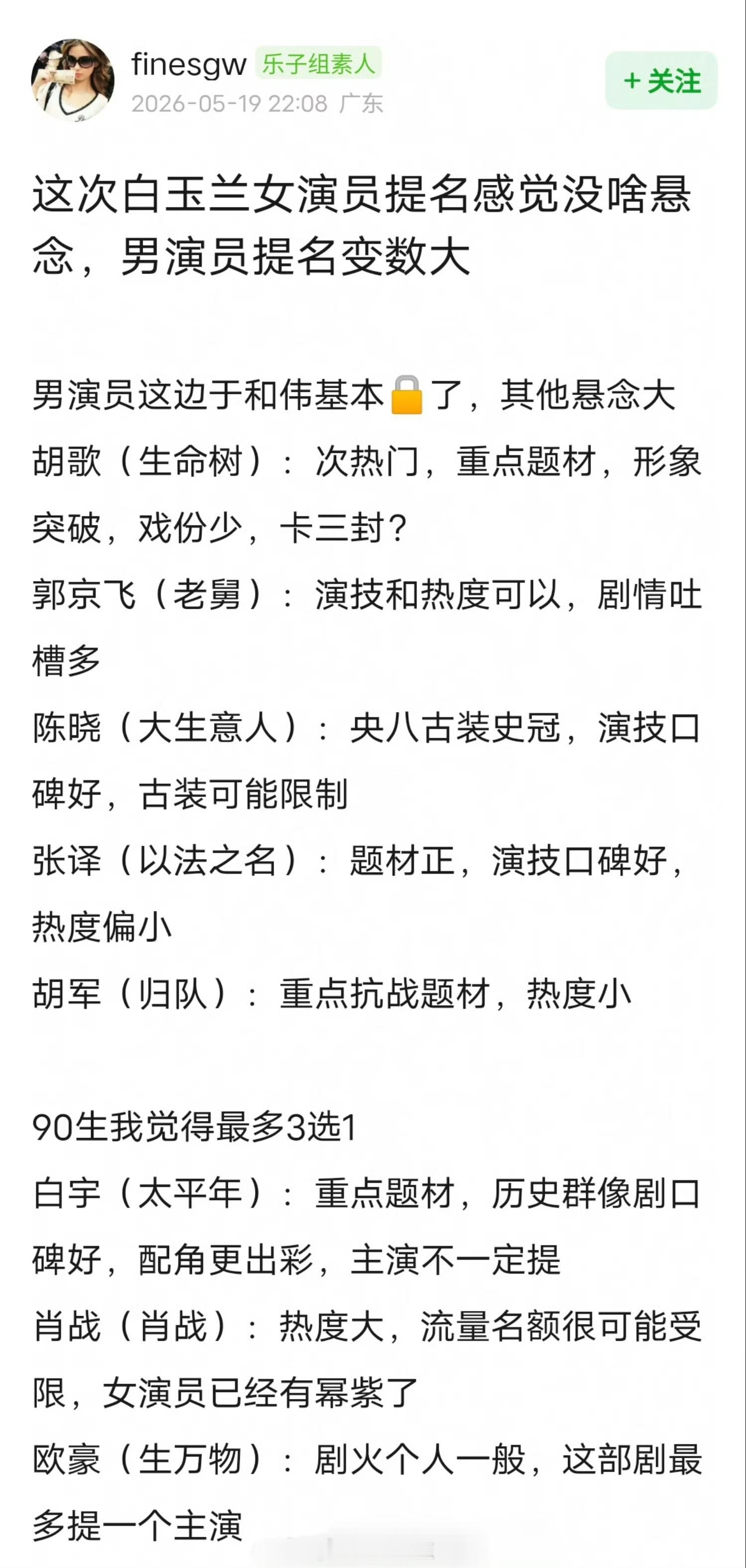 网友说白玉兰男主提名变数大，于和伟必提，胡歌次热门，肖战白宇欧豪90生三选一 