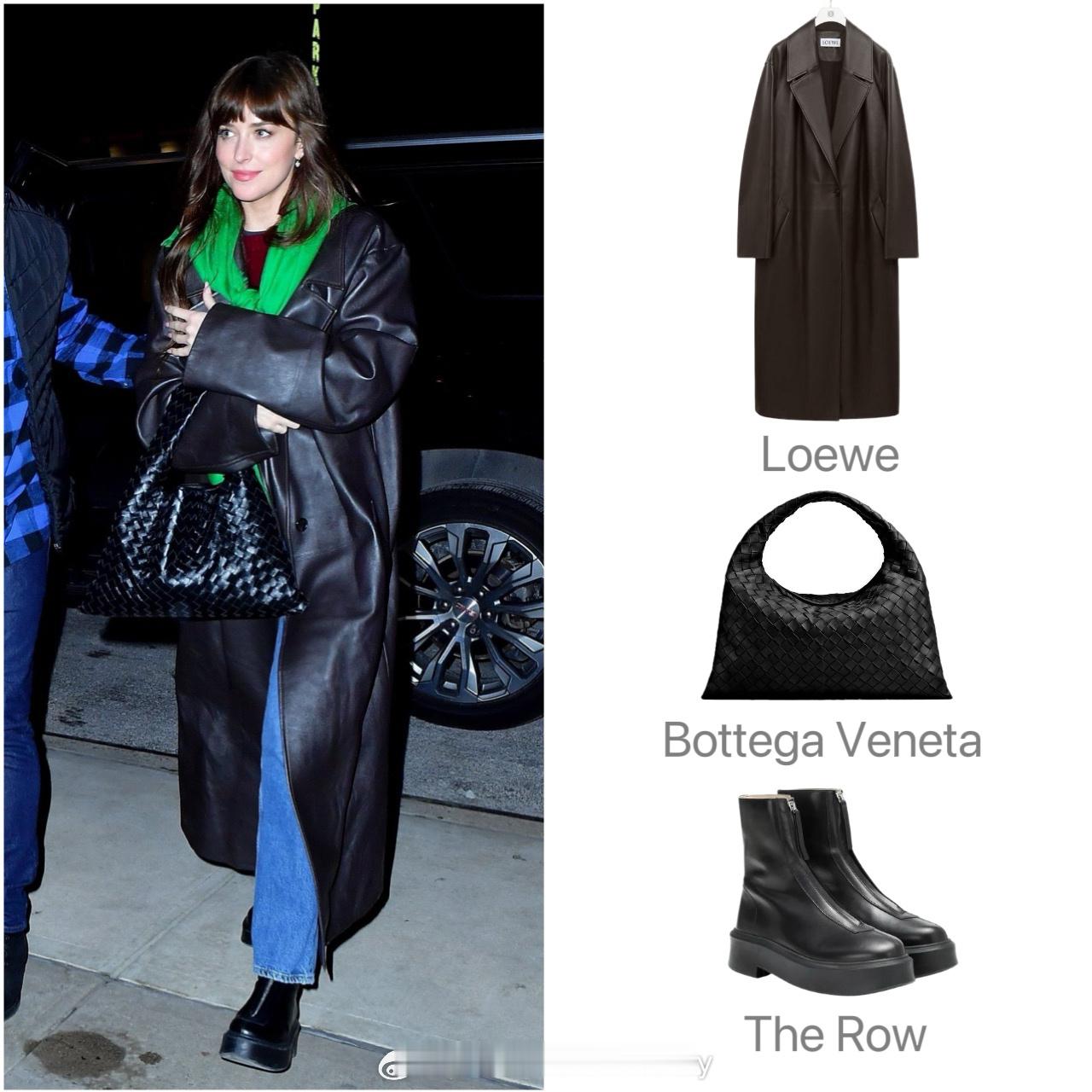Dakota Johnson达妹近日街拍私服解析，绿色围巾点缀黑色皮质大衣，既保