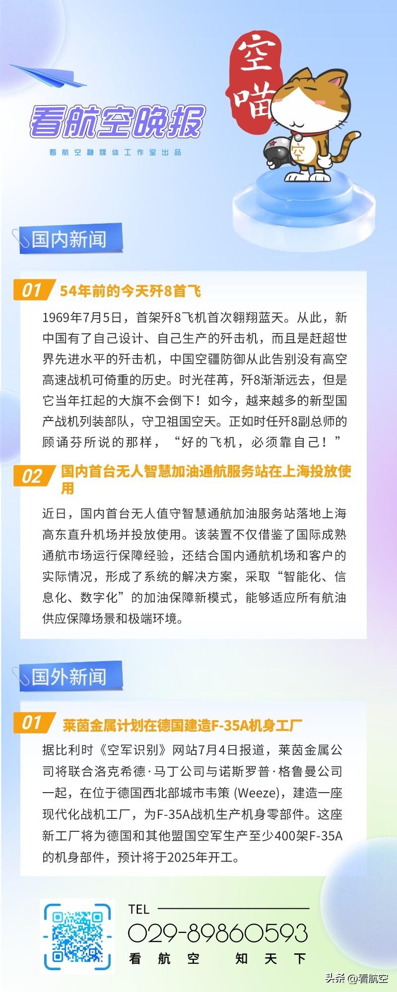 7.5晚报
1、54年前的今天歼8首飞
2、国内首台无人智慧加油通航服务站在上海