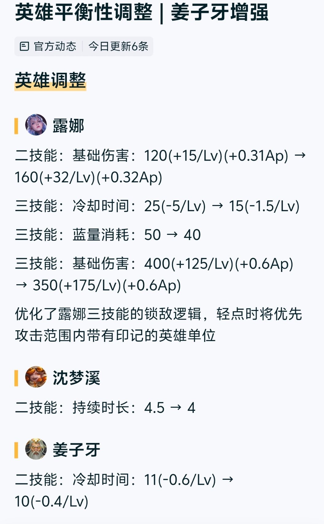 正式服⭐增强：露娜、姜子牙⭐削弱：沈梦溪王者荣耀