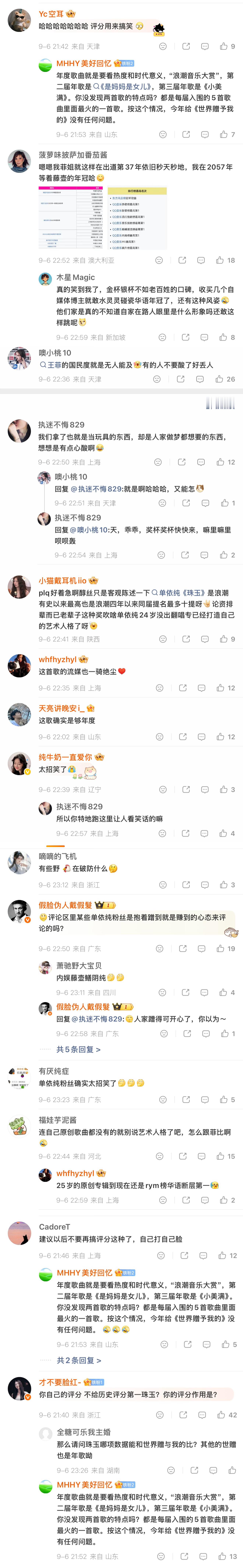 在第四届浪潮音乐大赏“年度歌曲”的官方微博下，单依纯粉丝与王菲粉丝展开了互动。事