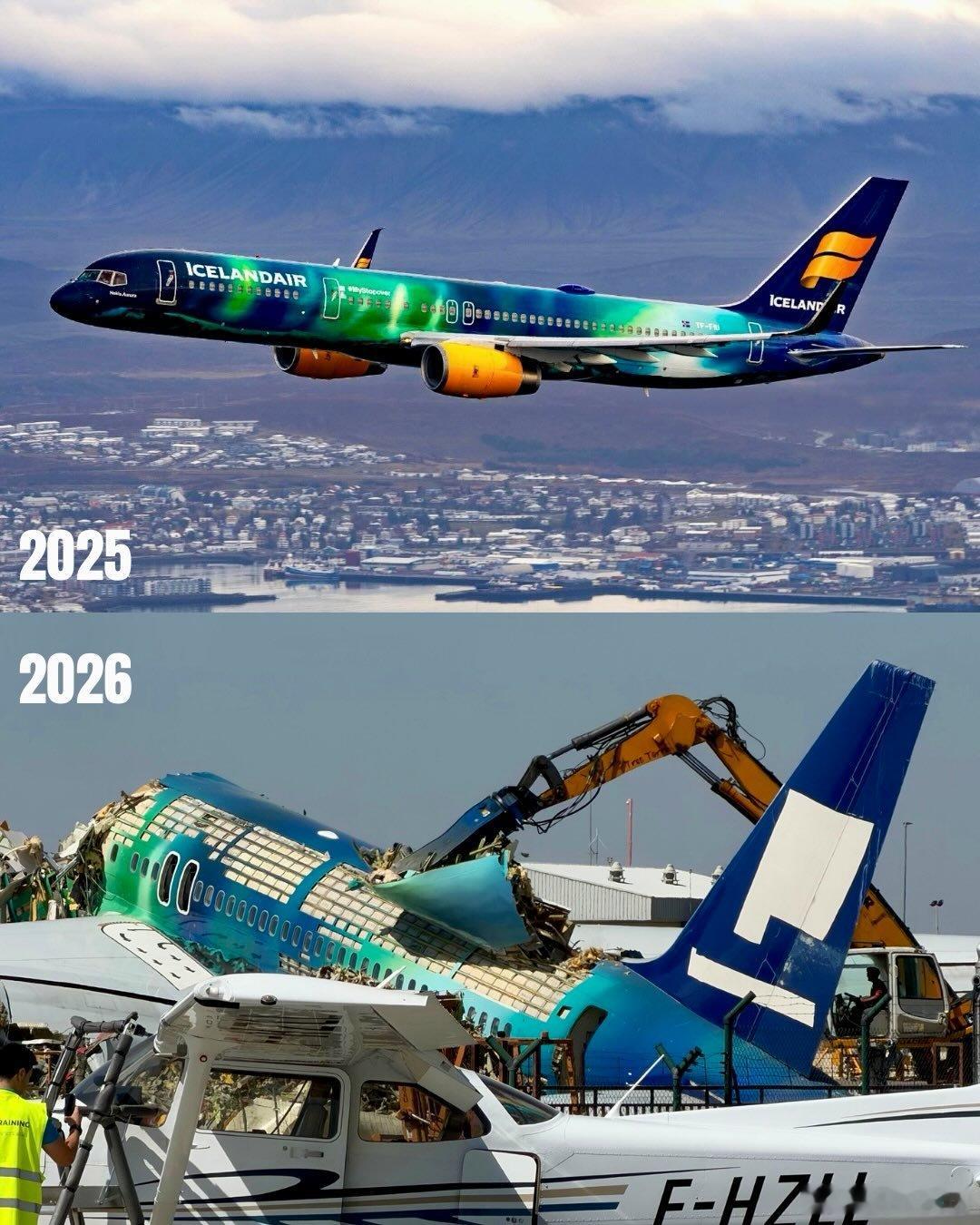 冰岛航空明星彩绘机被拆解冰岛航空旗下的明星彩绘机“赫克拉极光号”近期在西班牙被拆