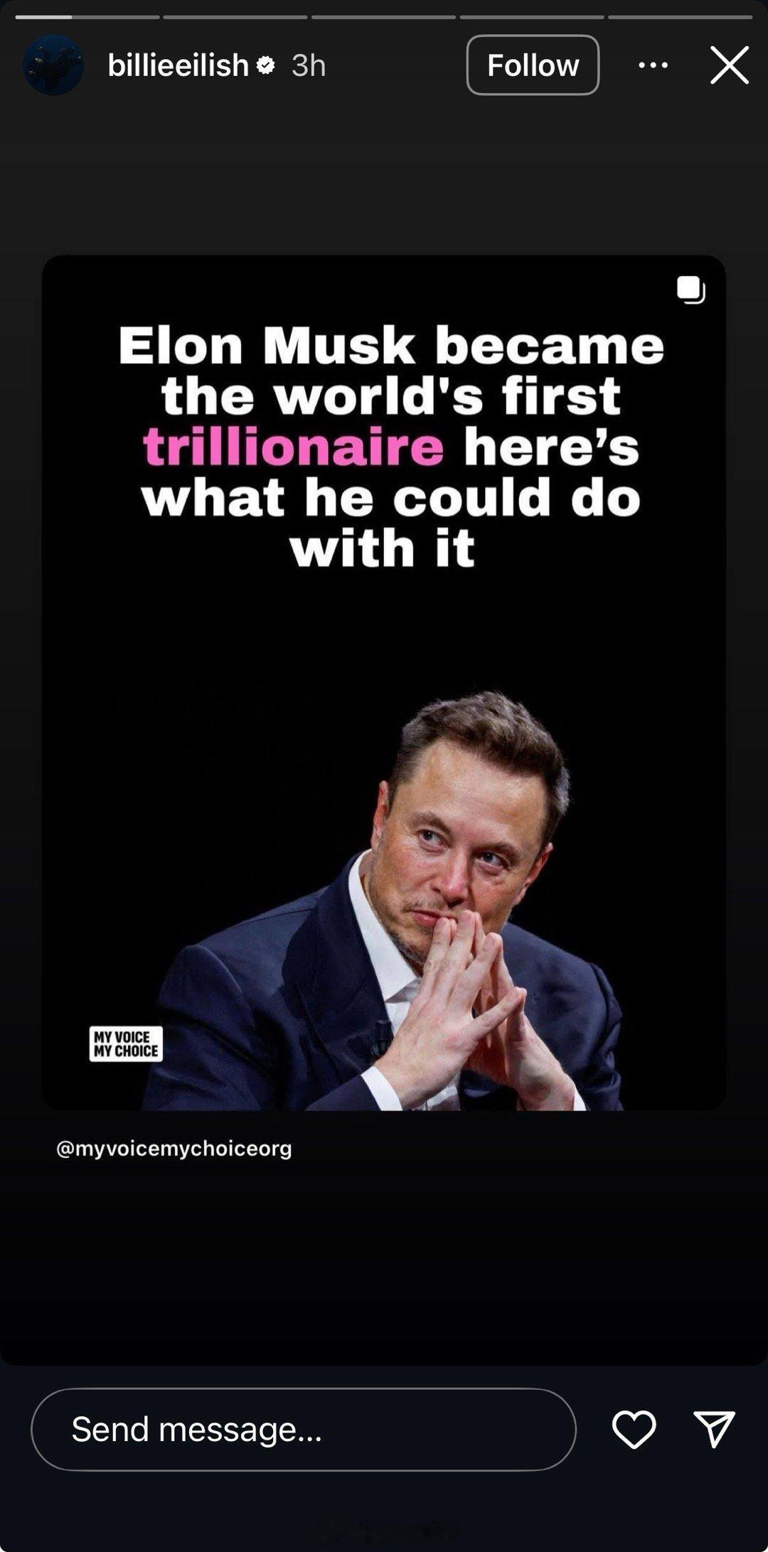 Billie Eilish刚刚在Instagram Story上发了关于马斯克即