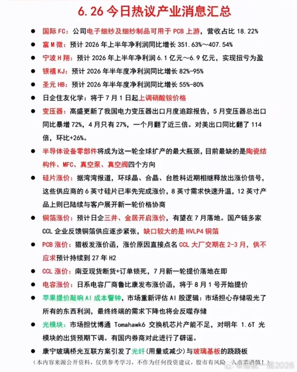 6.26周五  晚间：财经热点汇总！1.半导体硅片2.PCB涨价3.CCL断货4