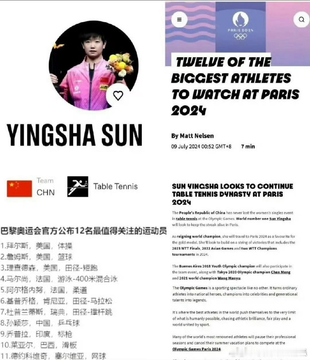 国际乒联官宣伦敦世乒赛阵容，直接盖章孙颖莎"megastar"megastar「