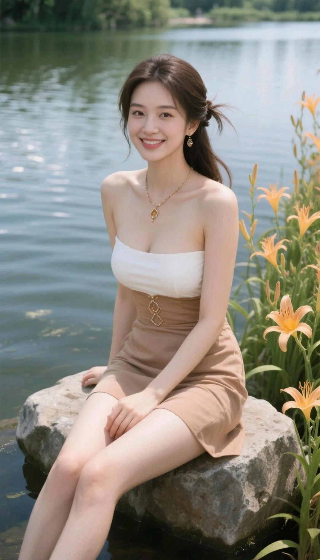 湖畔美人倚石坐，花影摇曳笑语间。