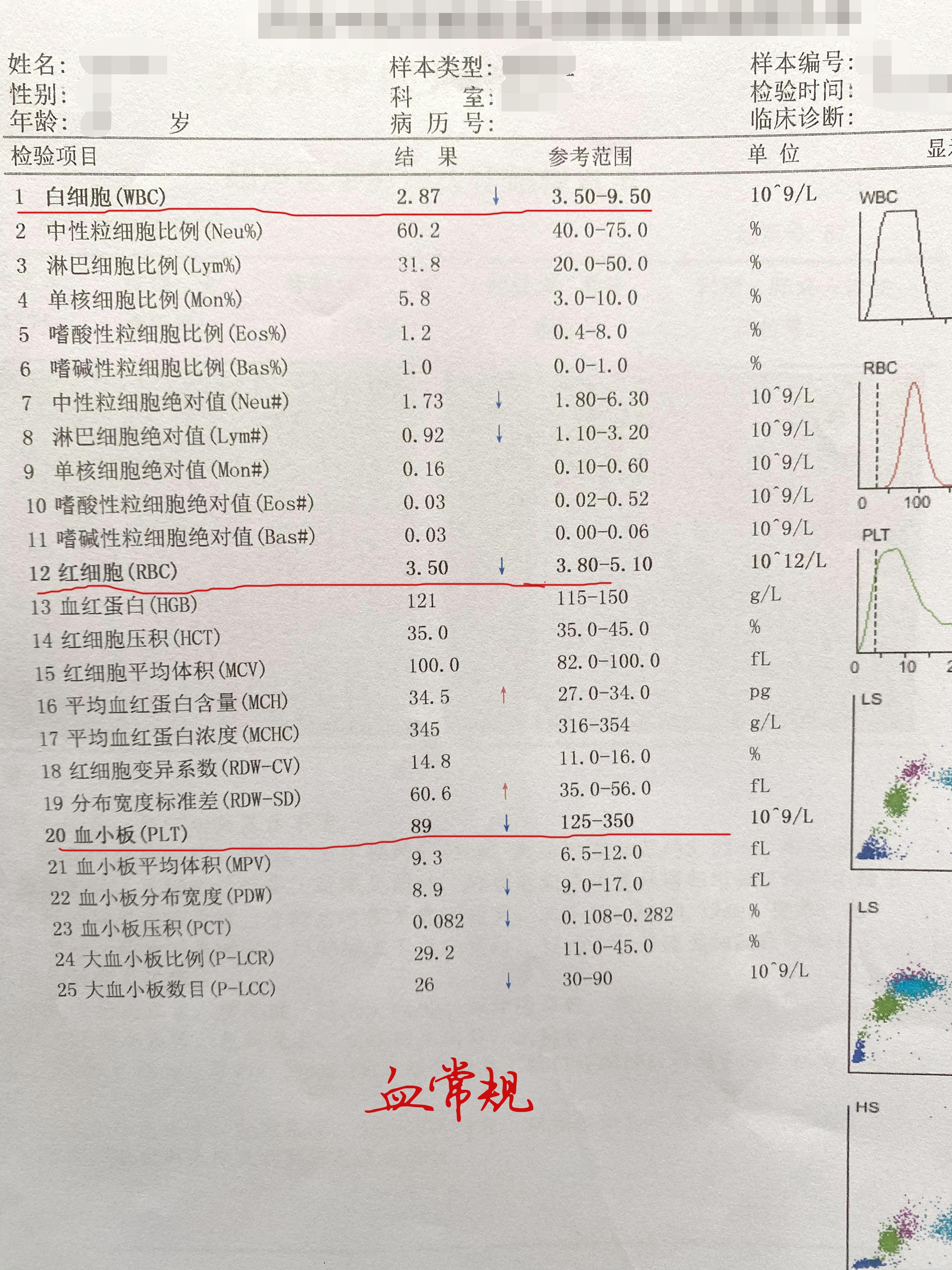 【粉丝咨询】：主任，我今年50多岁，没有家族史，乙肝肝硬化，现在口服抗病毒治疗，HBV-DNA低于检测线。原来检查的白细胞都正常，此次白细胞低2.87，主任帮我看看检查结果，该怎么办？
 
回复：目前小三阳，转氨酶不高，腹部B超示肝硬化、脾大。正常脾脏不超过4cm,4.4cm说明脾脏轻度肿大。目前血常规白细胞、血小板计数偏低，考虑为脾大伴脾功能亢进所致。在脾功能亢进下造血功能是正常的，只是因为脾脏功能变强了，导致了血细胞在脾脏破坏增多，从而导致白细胞和血小板的降低。乙肝肝硬化的患者，基本都会经历这个过程，长远来看，白细胞、血小板还会进一步降低。
 
有患者朋友说，我就想从根本上解决问题，可以选择脾切除术吗？不过目前个人不做这个推荐。
对此患者建议规律抗病毒和抗纤维化治疗，软肝缩脾，定期复查即可。每三个月复查一次：血常规，肝功，电解质肾功，凝血功能，甲胎蛋白，乙肝五项，HBV-DNA。每3-6个月复查一次腹部B超和肝脏弹性测定。根据《2022年慢乙肝防治指南》进行指导，如有不适线下就医。