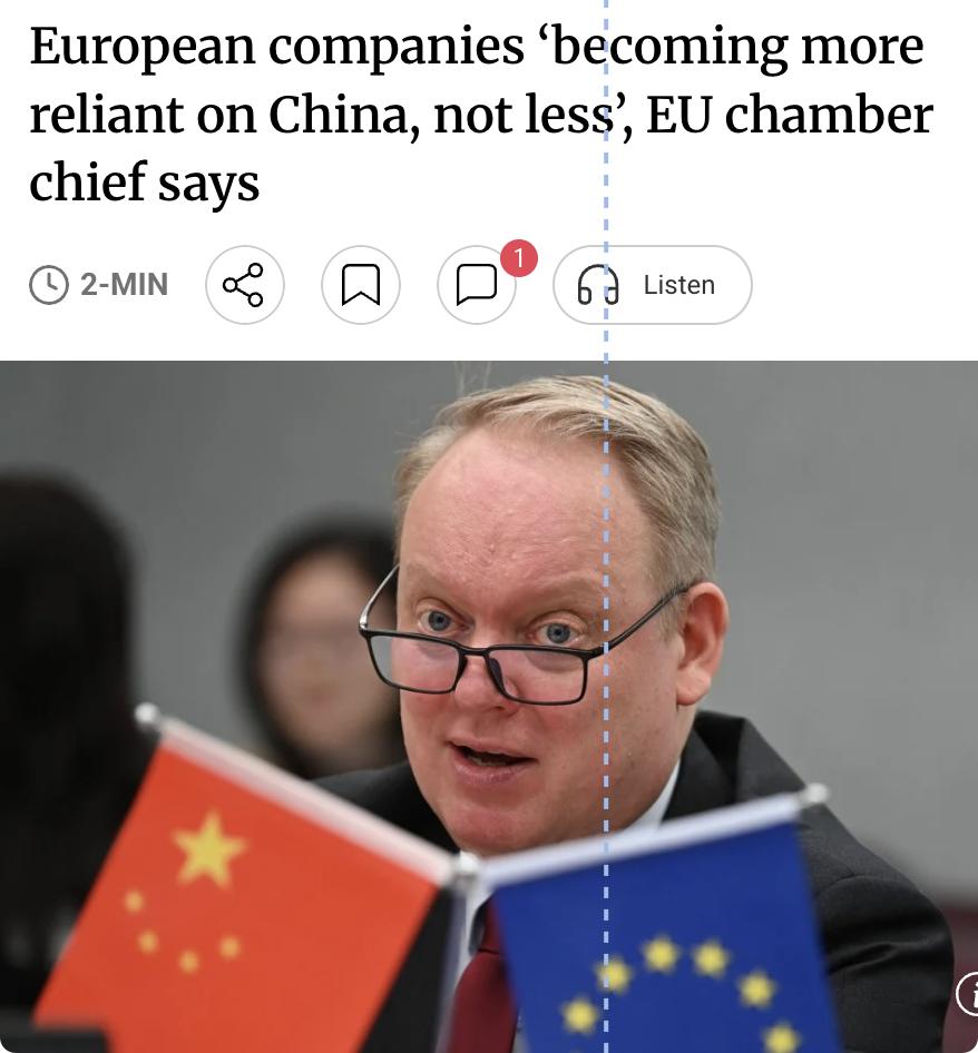 外媒：欧盟商会主席延斯·埃斯凯隆德在柏林一场经济会议上指出，欧洲推动对华"去风险