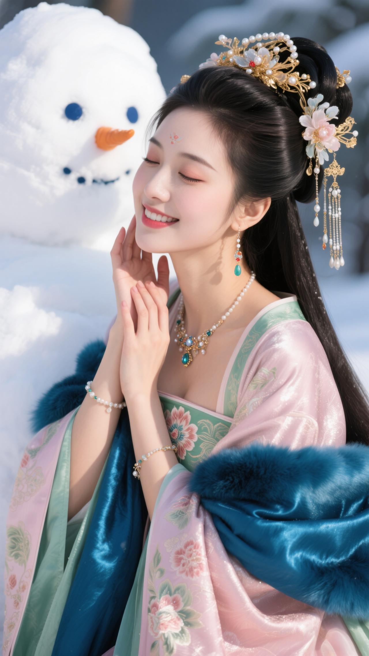 《鹧鸪天·雪畔惊鸿》
粉袂茸裘落雪轻，云鬟金翠缀珠明。
梅钿印颊春先透，笑靥偎雪