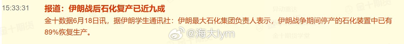 据伊朗学生通讯社：伊朗最大石化集团负责人表示，伊朗战争期间停产的石化装置中已有8