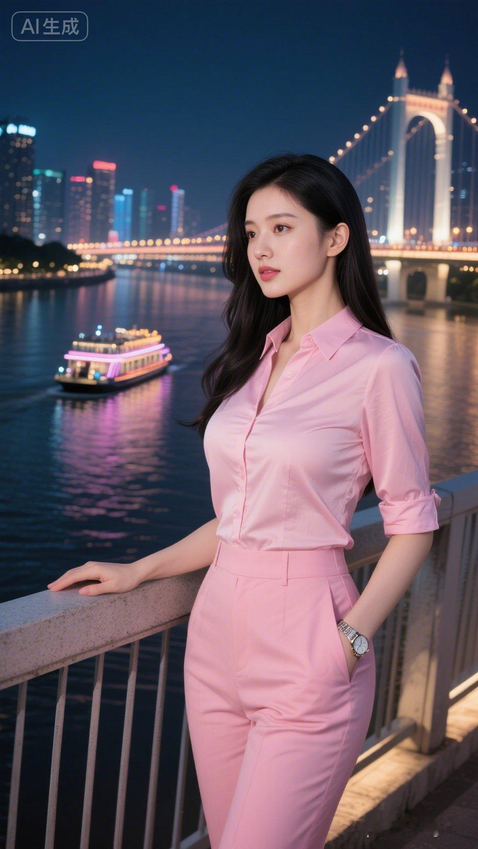 夜晚江边，粉衣少女倚栏杆，灯火辉煌映江面。