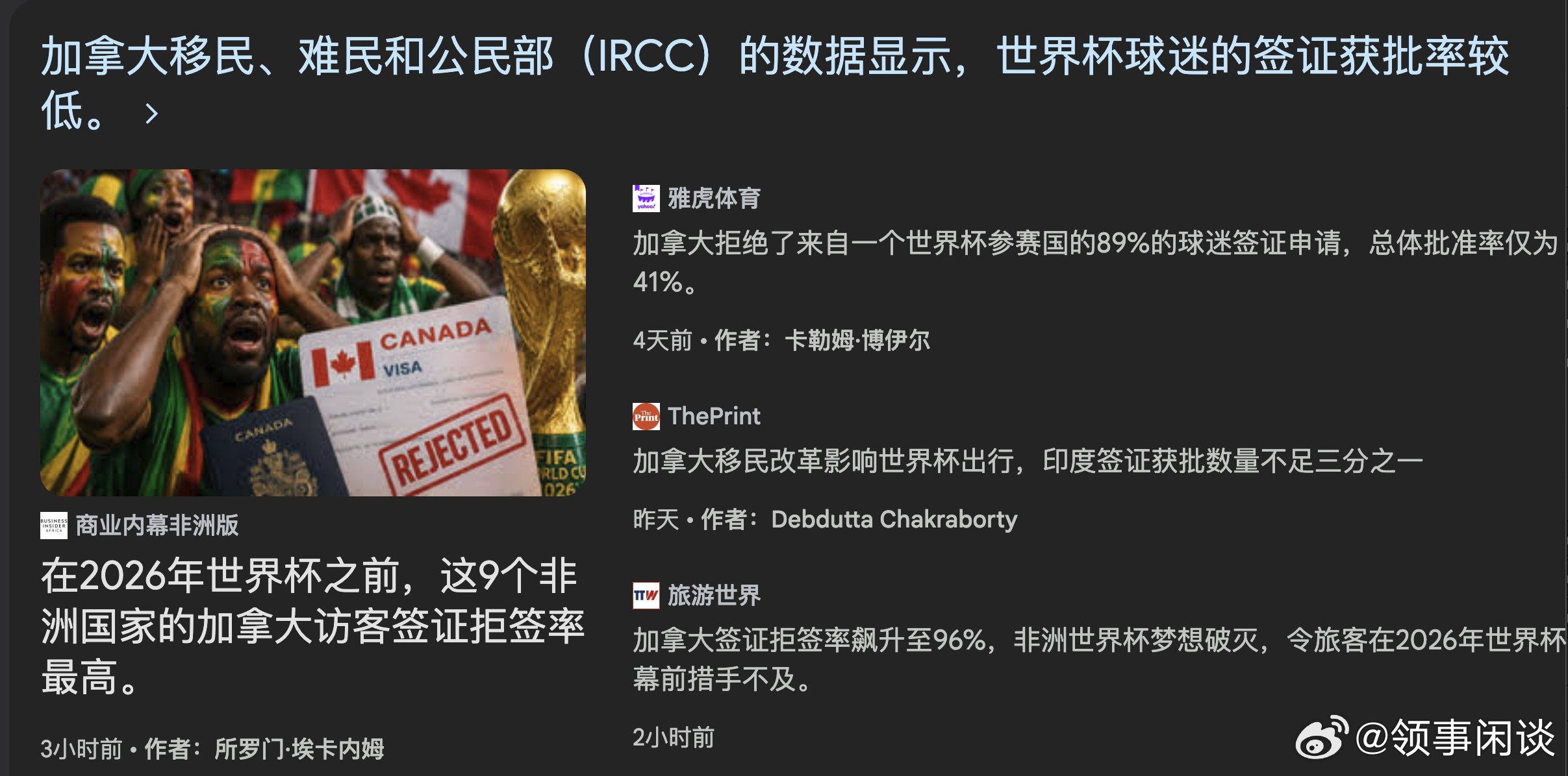 【加拿大拒绝了来自某世界杯参赛国的89%的球迷签证申请，总体批准率仅为41%】有