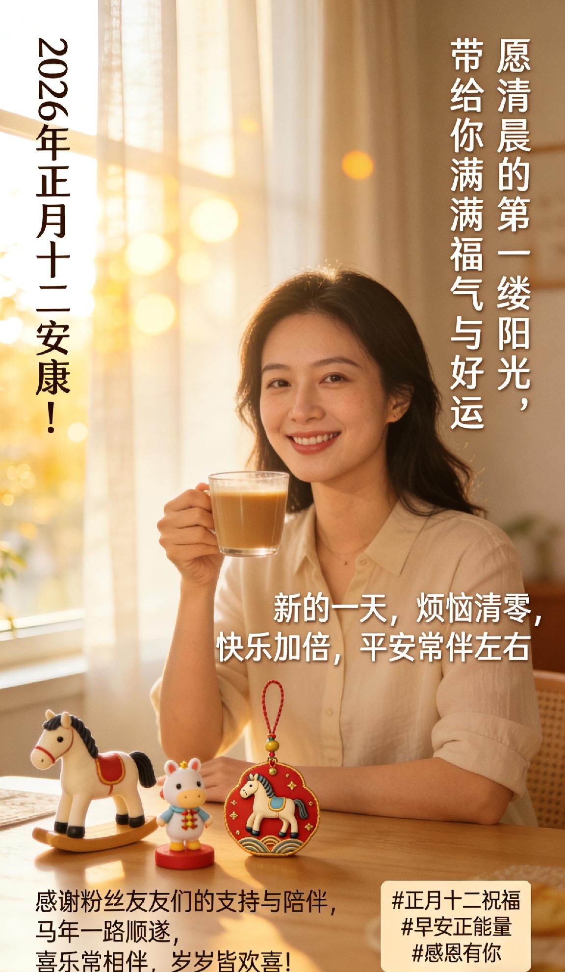 晨光正好，正月十二安康！愿今日的第一缕阳光，带给你满满福气与好运。新的一天，烦恼