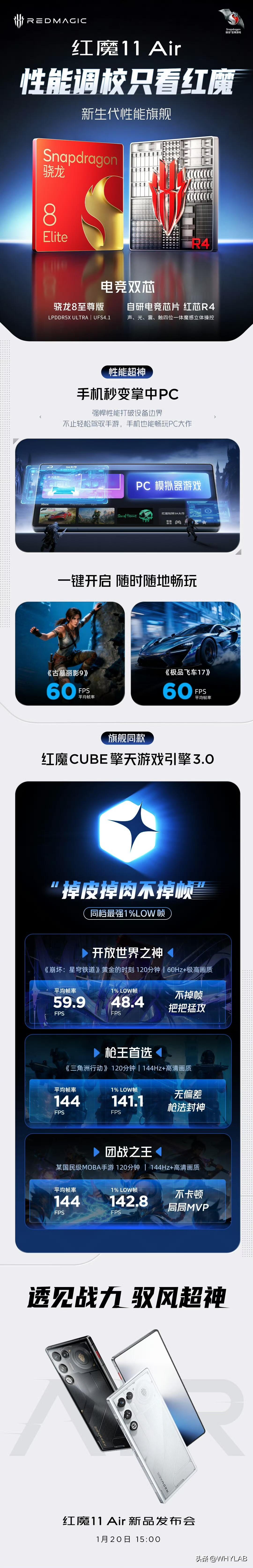 红魔 11 Air 搭载骁龙 8 至尊版，红芯 R4 自研电竞芯片，游戏表现挺好