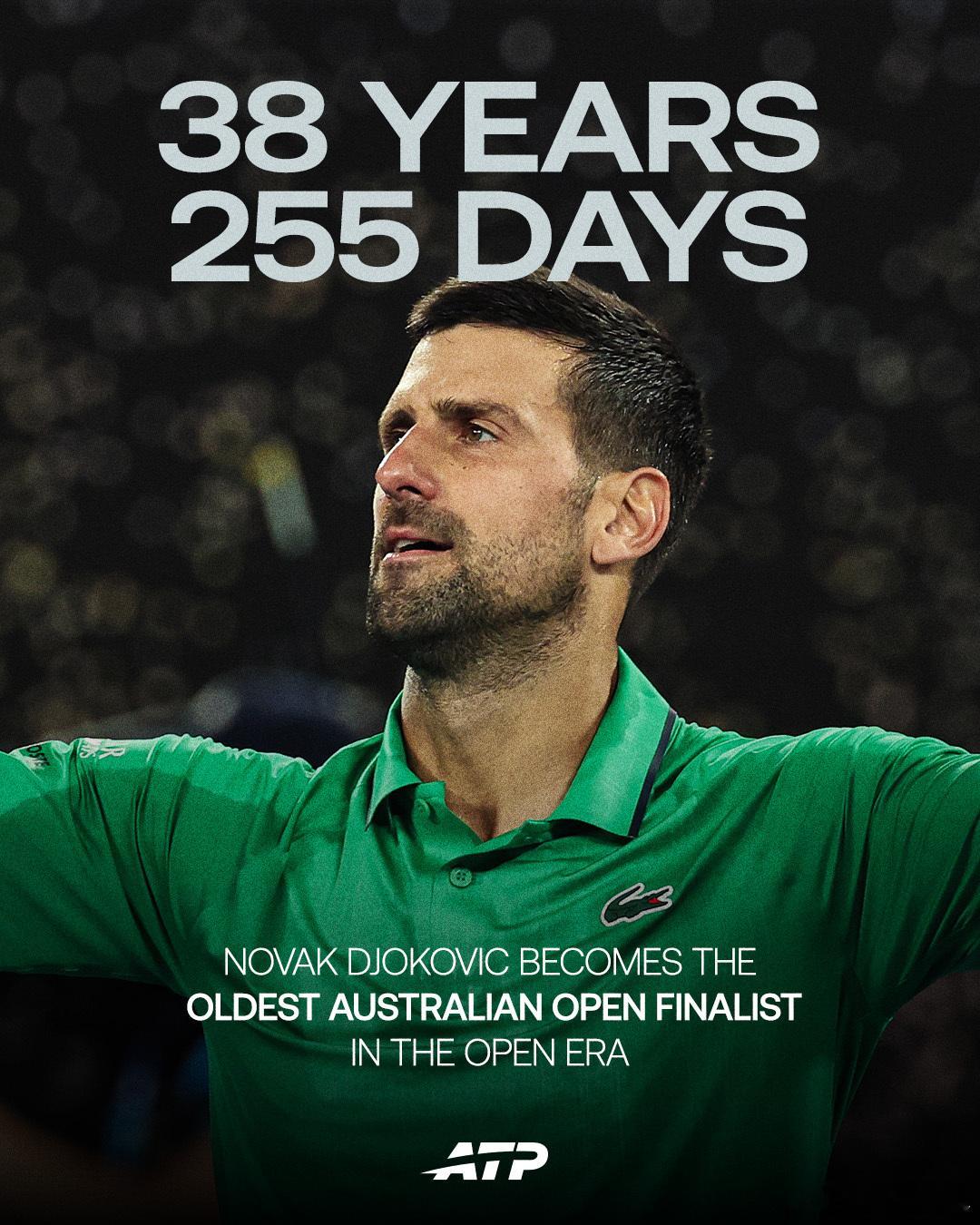 38岁255天成为公开赛时代打进澳网决赛最年长的选手 👍德约科维奇3比2辛纳德