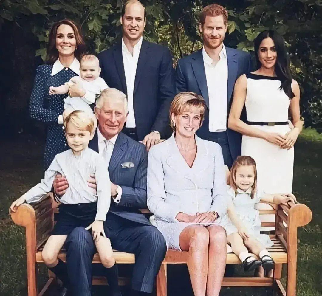 英国王室的全家福，把卡米拉换成戴安娜就和谐多了。威廉和哈里都是戴安娜的亲生儿子，