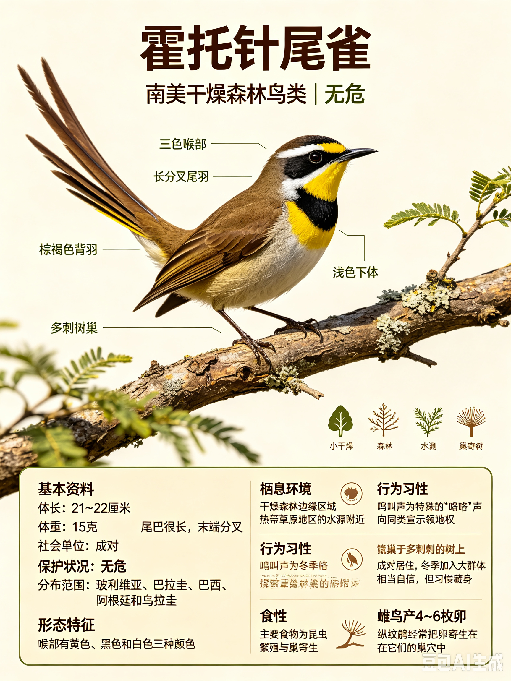 鸟类朋友图鉴 霍托针尾雀体长：21~22 厘米体重：15 克社会单位：成对保护状