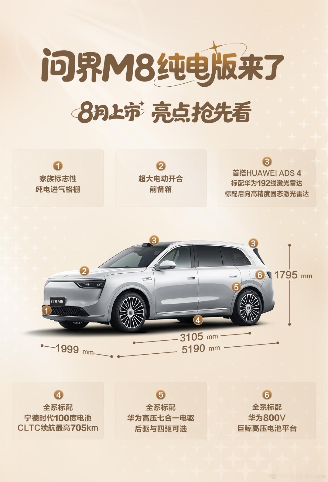 问界M8纯电版8月上市 问界M8纯电版正式官宣，全系标配宁德时代100度电池，C