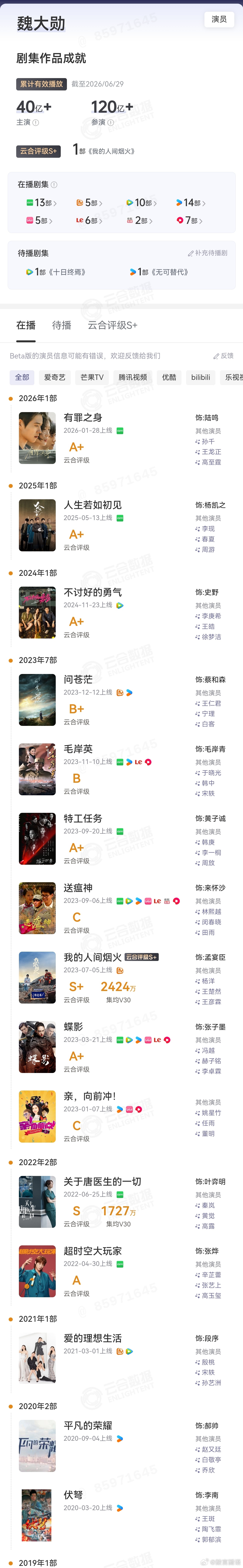 看一下魏大勋的实绩。所有参演剧集，记住是参演，只有做男配的人间烟火播放量评级达到