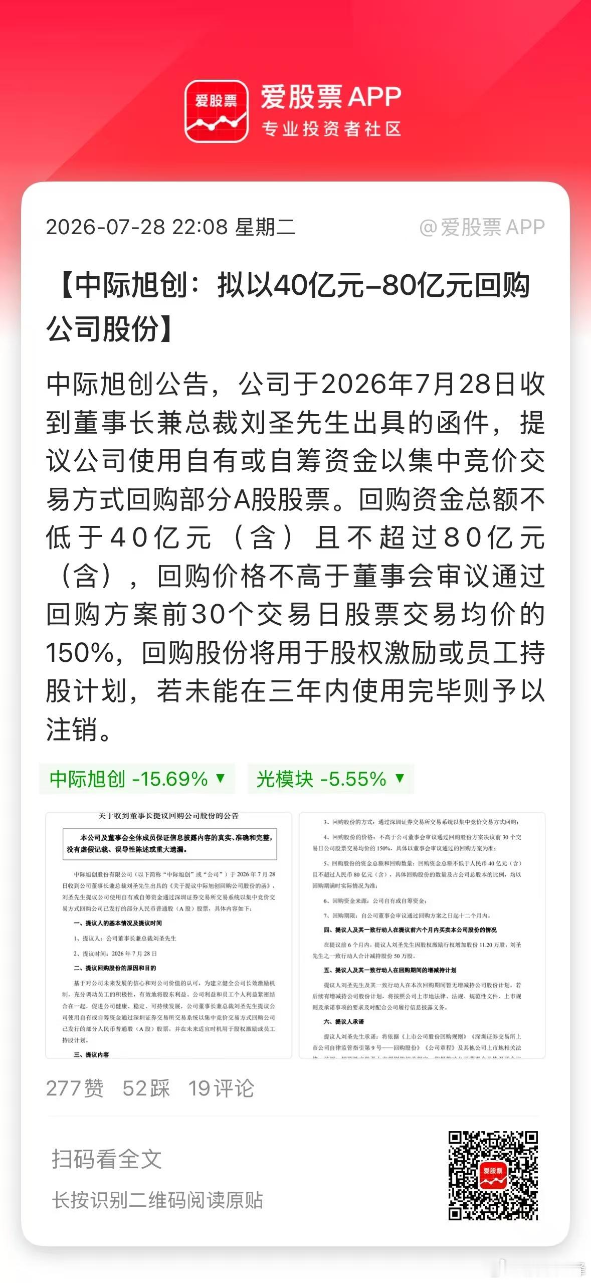 今天大跌后，中际旭创祭出护盘大招，拟回购40亿元-80亿元！这个金额仅次于宁王，