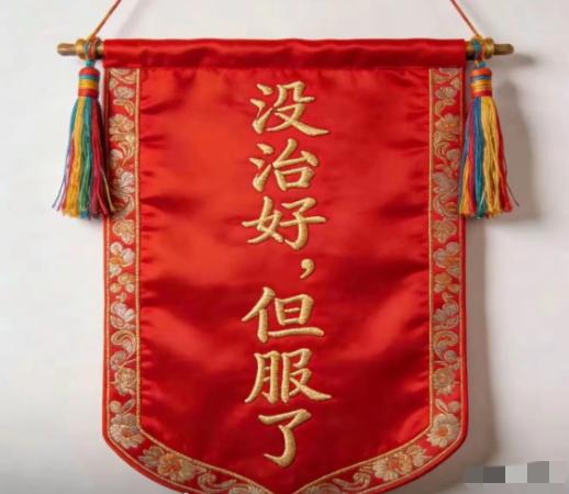 没治好，但服了。这样的锦旗大伙见过吗
刺绣锦旗只有短短一句话。跟平时看到的锦旗完