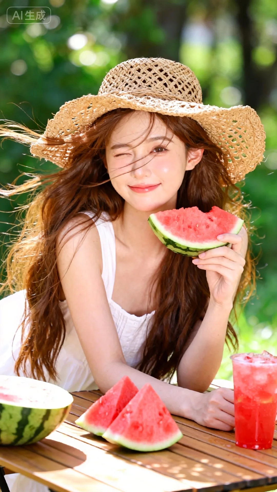 夏日西瓜野餐，东亚美少女，甜美可爱，棕色长发，身着白色无袖裙，戴粗编草...