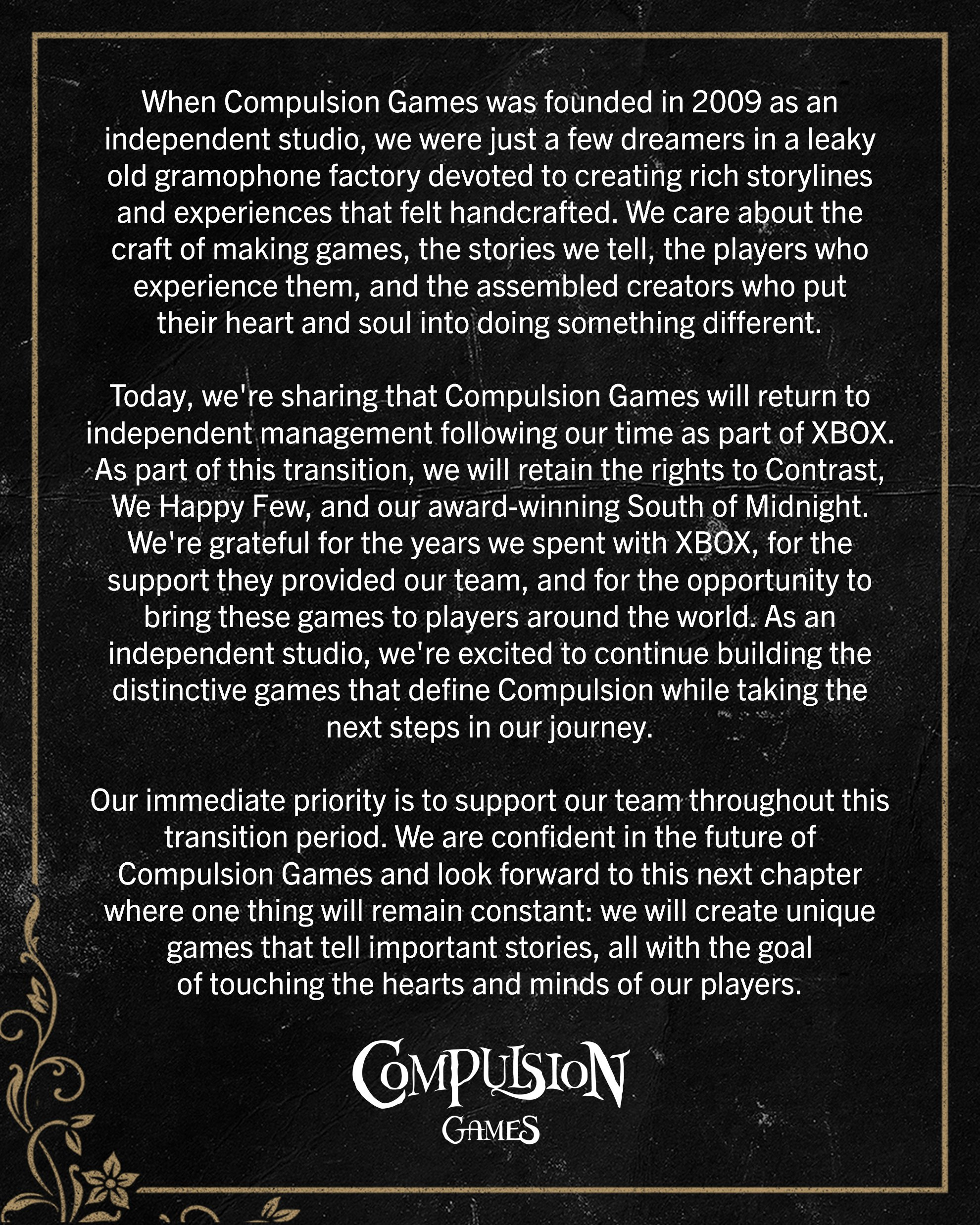 与Xbox结束合作的四家工作室的动态：·Compulsion Games（《午夜