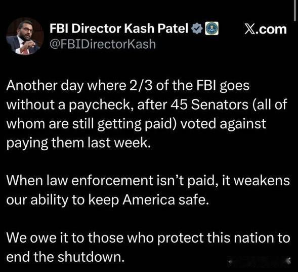 FBI局长Kash Patel在线讨要薪水，暗示再拿不到薪水，就要罢工，没有人维