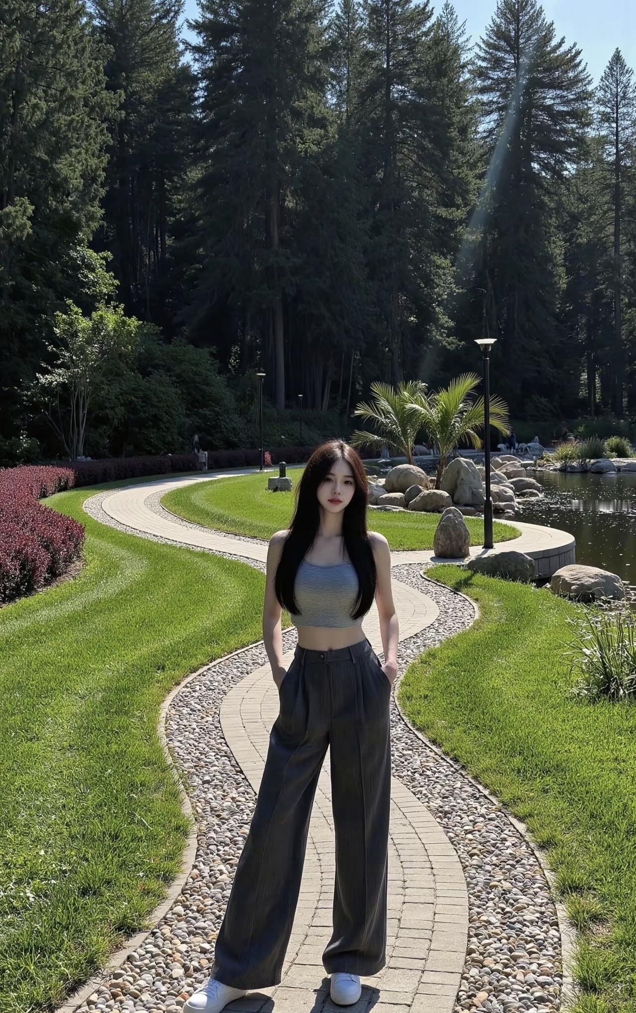 阳光把公园的绿都揉得很软，风裹着草木香往袖口钻。踩着蜿蜒的小路晃荡，连影子都跟着