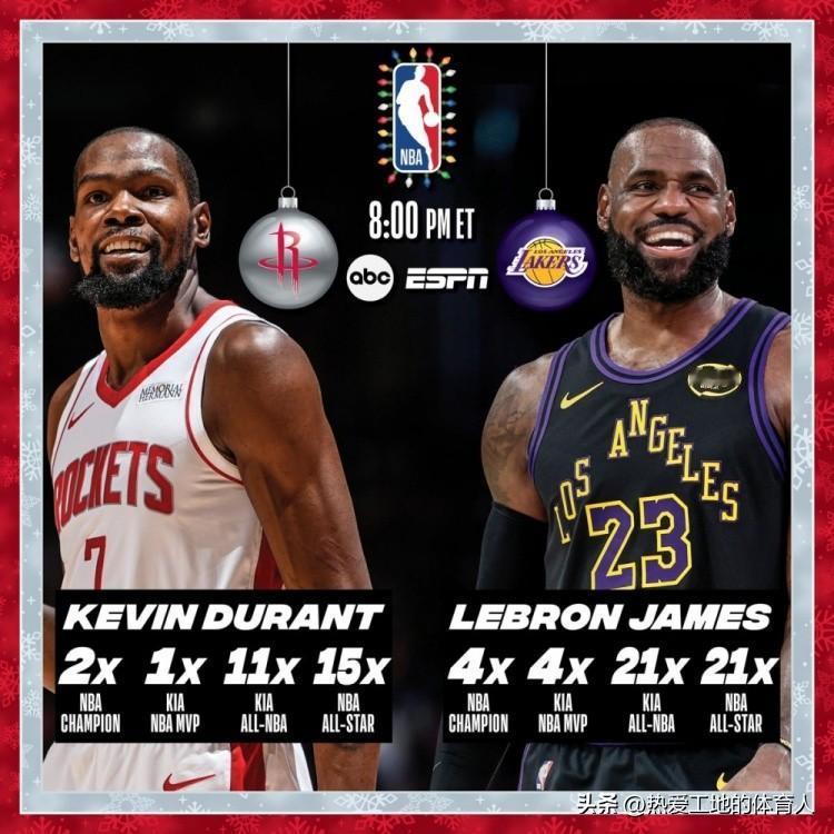 看一场少一场系列！圣诞大战🎄詹姆斯vs杜兰特将迎来第五次对决，此前詹姆斯3:1