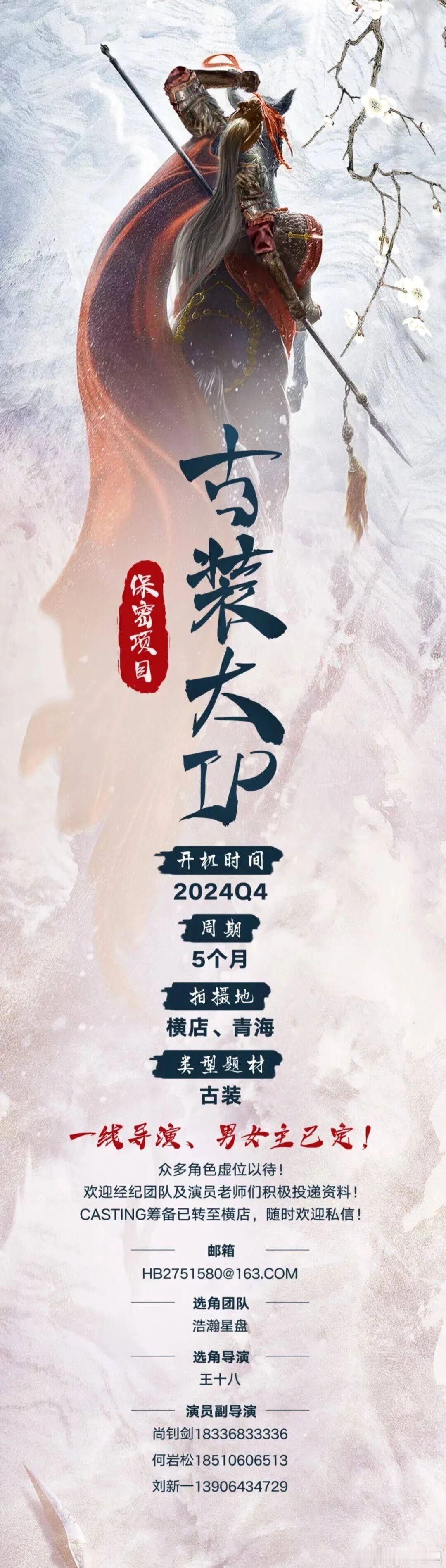 古装大IP保密项目2024年Q4开机并招募演员（详细组讯如图）开机时间：2024