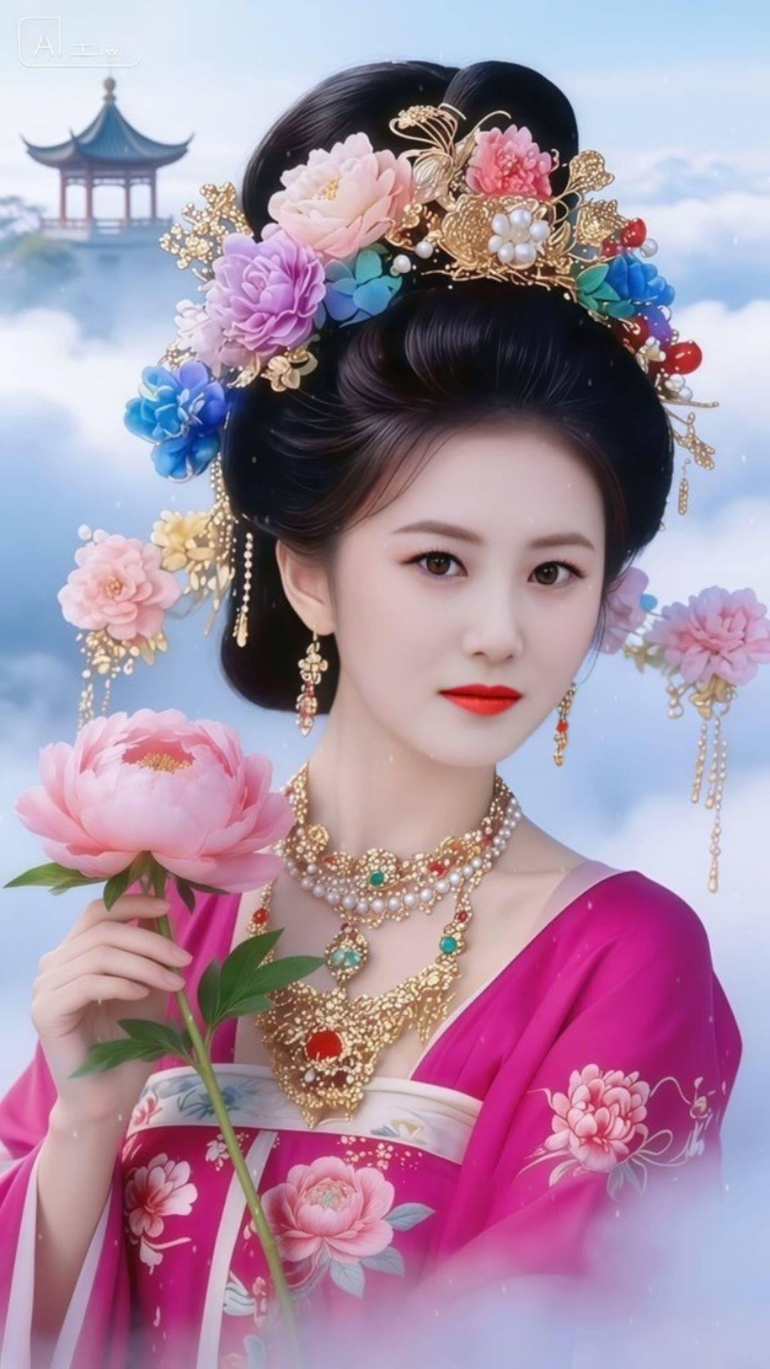 古风美人，花团锦簇，云雾缭绕，宛如仙境