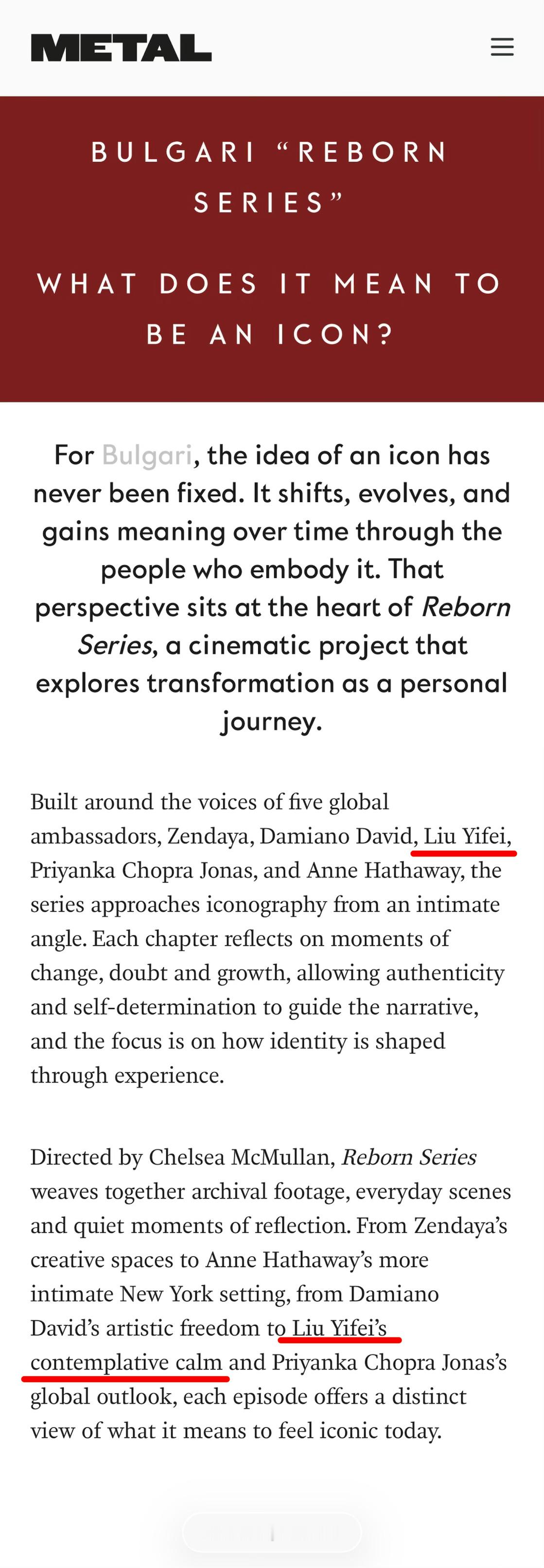 刘亦菲 Metal Magazine官网报道：BULGARI REBORNSER