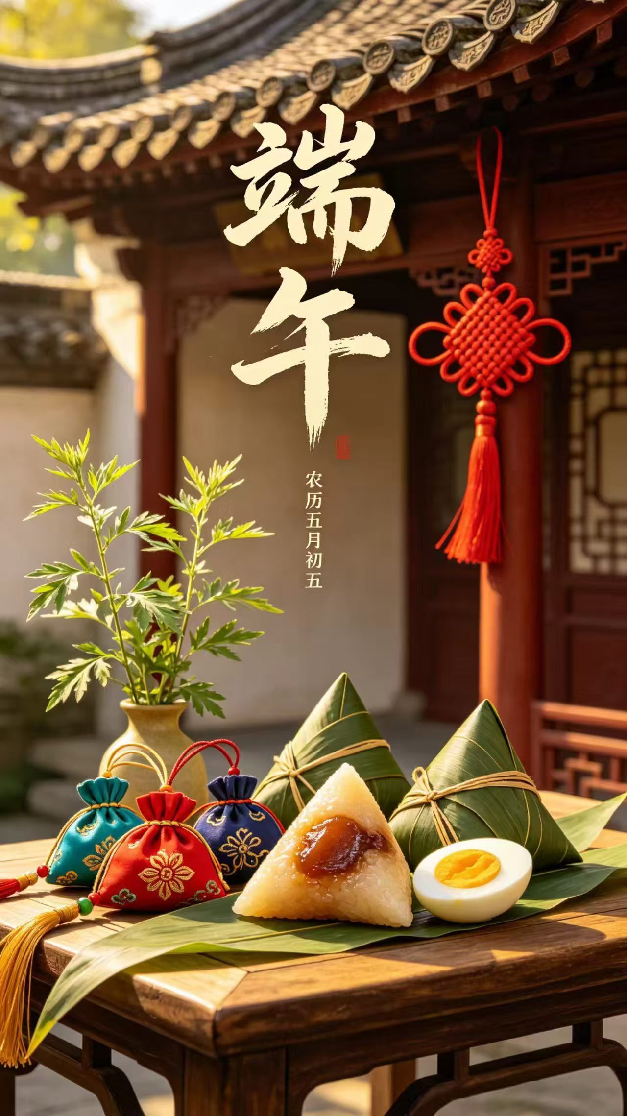 五月南风起，粽叶溢清香，门上菖蒲青，杯中雄黄浅。愿你褪去俗世烦扰，岁岁平安，端午
