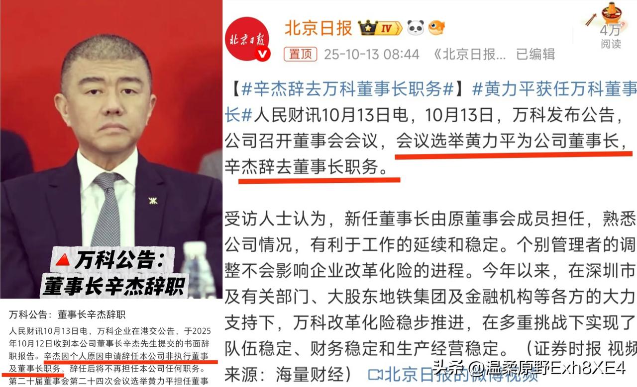 万科董事长辛杰辞职，黄力平接任，可能产生的影响:

1，深铁与万科之间合作减少，