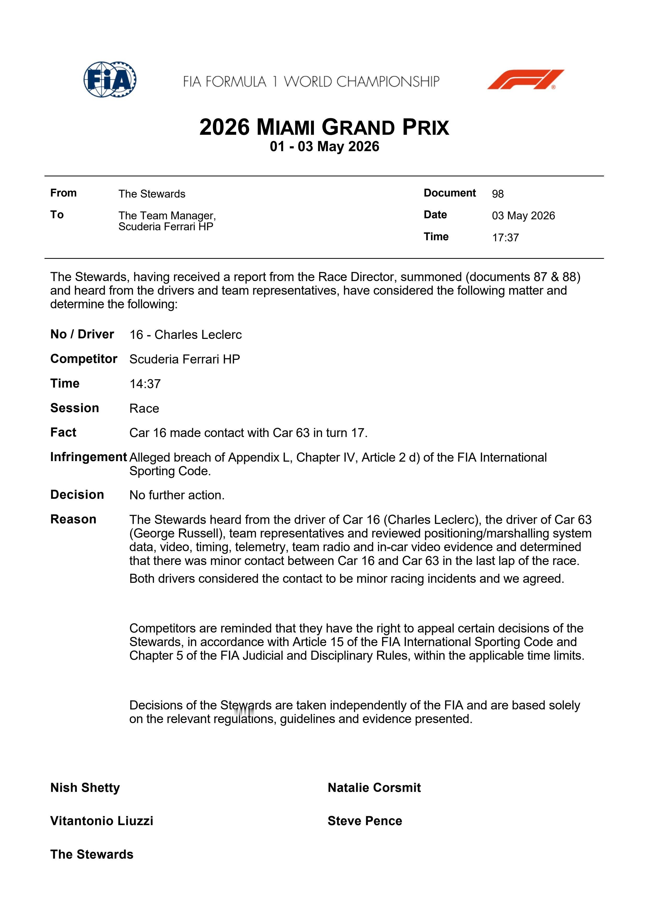 乔治拉塞尔 🇺🇸 2026F1迈阿密大奖赛 FIA：16号车与63号车碰撞，