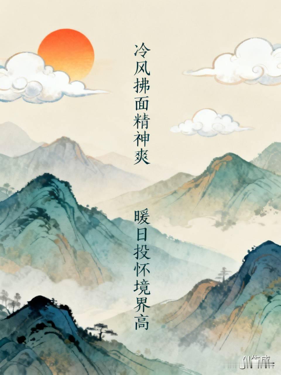 上联:冷风拂面精神爽;
下联:暖日投怀境界高。