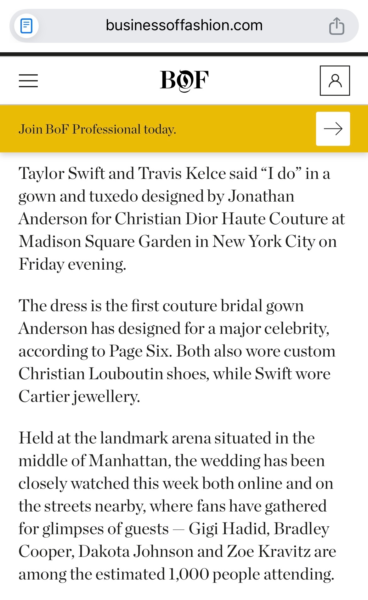 霉霉世纪婚礼的婚纱由Jonathan Anderson打造，这也是他在Dior首