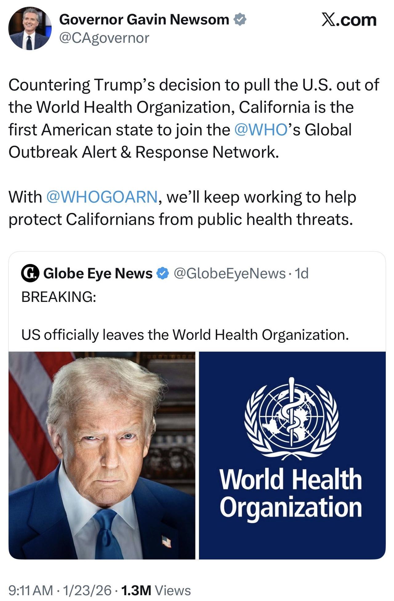 美国正式退出世界卫生组织第一天，加州州长纽森宣布加州自己加入世界卫生组织全球疫情