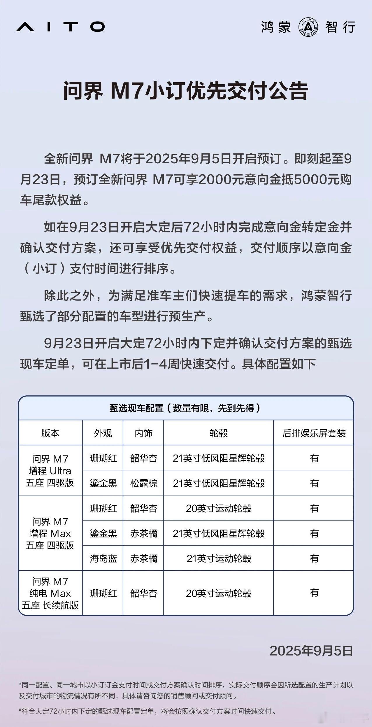 全新问界M7开启预订28.8万起问界官号发了新M7的交付排队规则，另外也公布了一