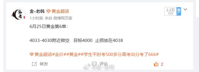 6月25日黄金第6单总结：330点自动止盈离场 行情冲高至 4033 点位时，盘